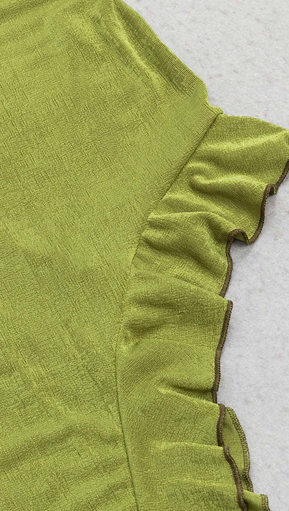 RUFFLE SLIT MIDI DRESS IN DARK CHARTREUSE