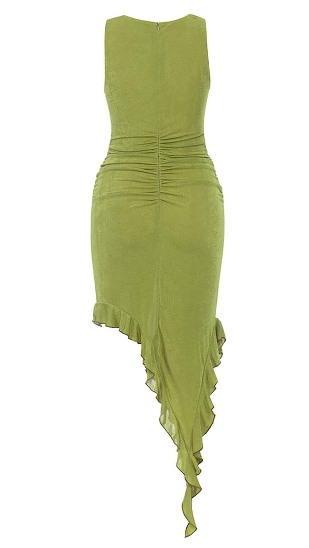 AIIZIE RUFFLE SLIT MIDI DRESS IN DARK CHARTREUSE - product image