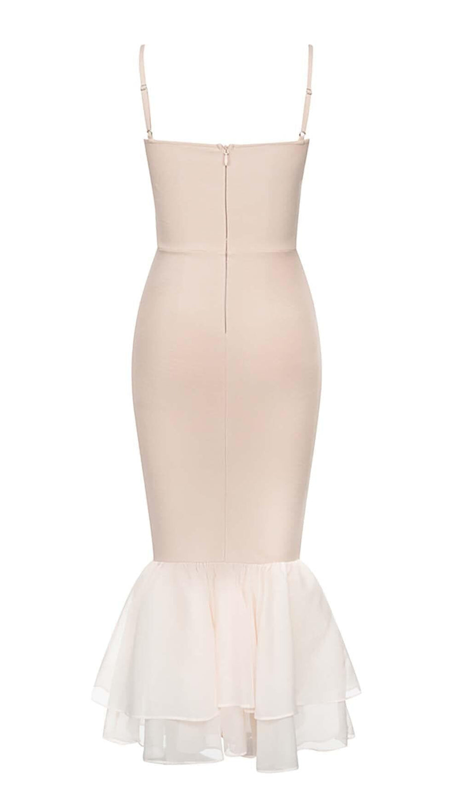 RUFFLE STRAPPY MIDI DRESS IN BEIGE