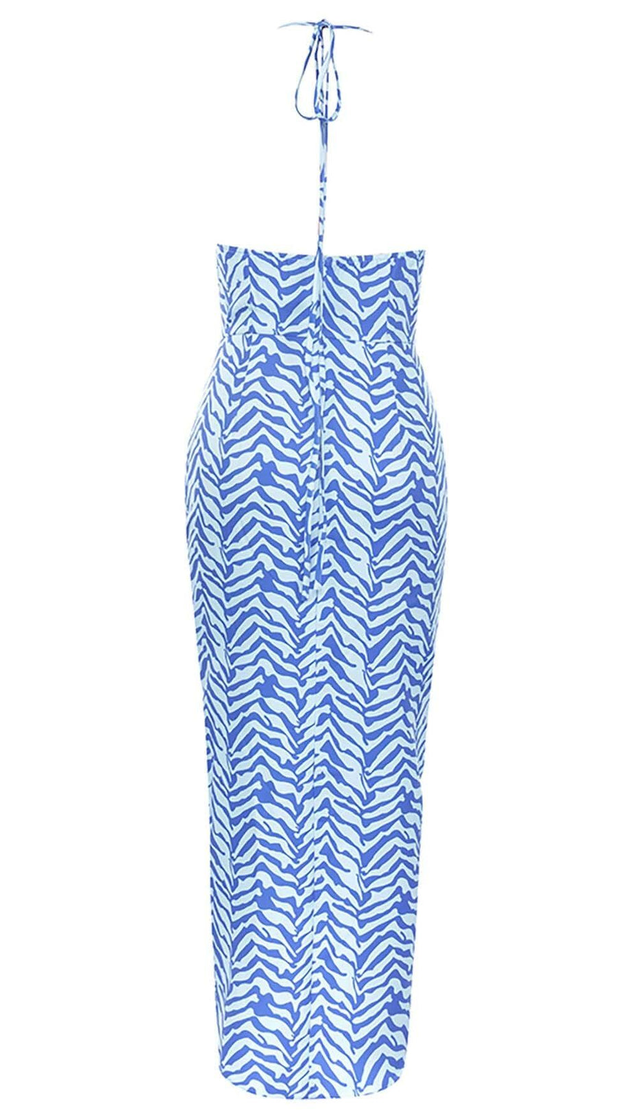 RUFFLE STRIPES MIDI DRESS IN BLUE