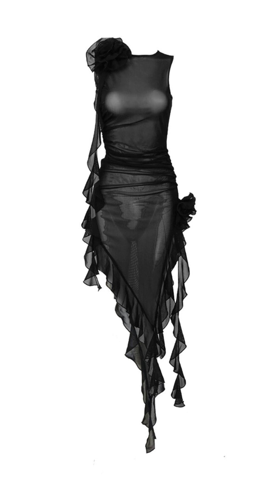PERSPECTIVE RUFFLE MIDI DRESS IN BLACK