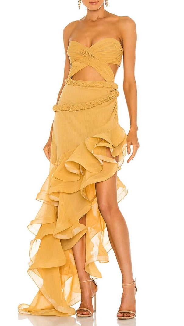 AIIZIE RUFFLE THIGH SLIT MAXI DRESS IN LIGHT ORANGE - product image