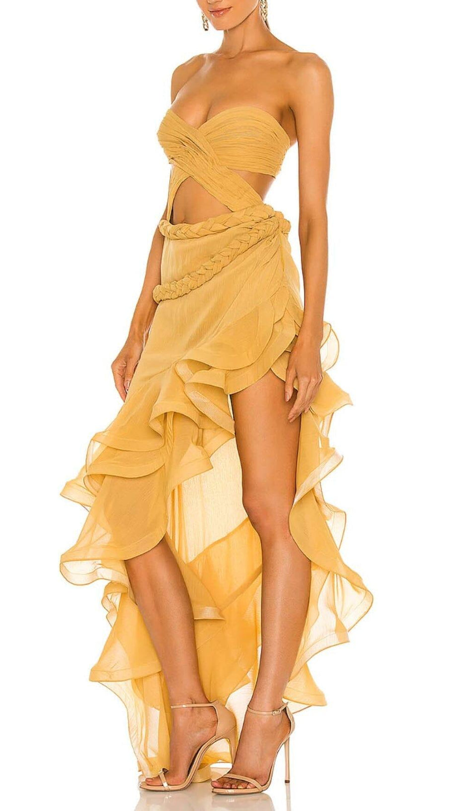 RUFFLE THIGH SLIT MAXI DRESS IN LIGHT ORANGE