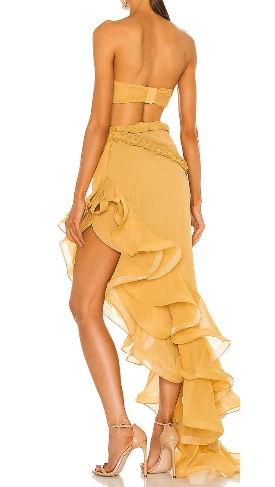 RUFFLE THIGH SLIT MAXI DRESS IN LIGHT ORANGE