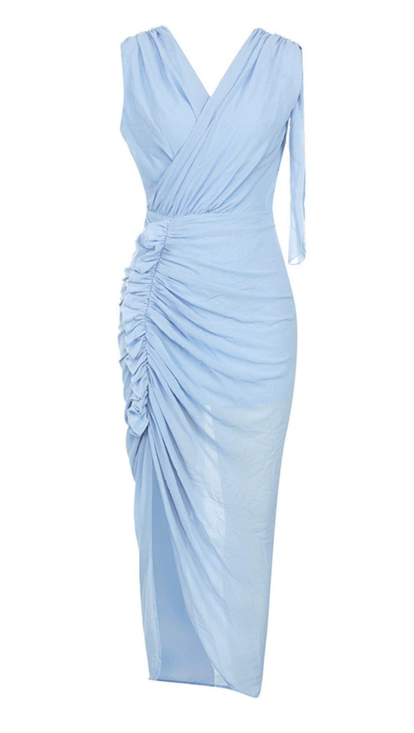 AIIZIE RUFFLE V-NECK MIDI DRESS IN TRANQUIL OCEAN - product image
