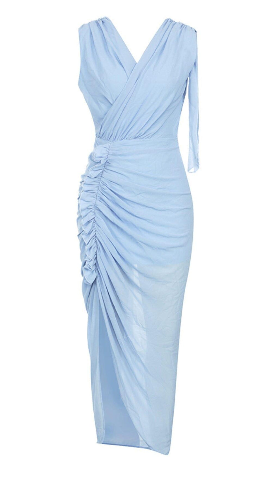 RUFFLE V-NECK MIDI DRESS IN TRANQUIL OCEAN