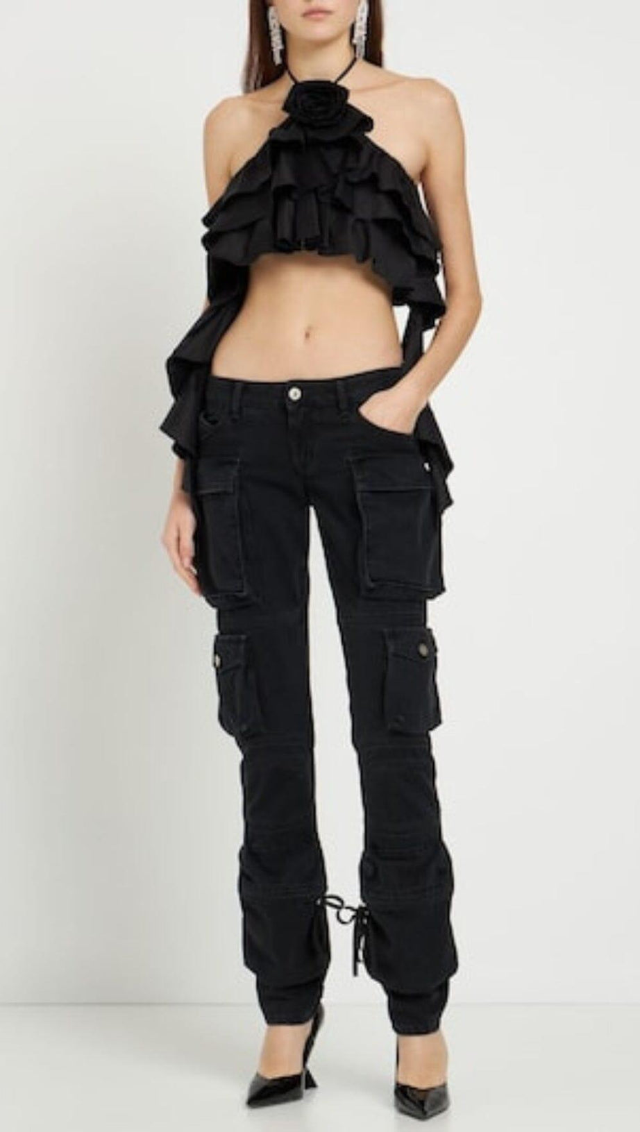 RUFFLE-DETAIL HALTER CROP TOP IN BLACK