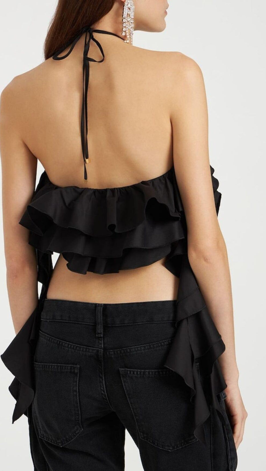 RUFFLE-DETAIL HALTER CROP TOP IN BLACK