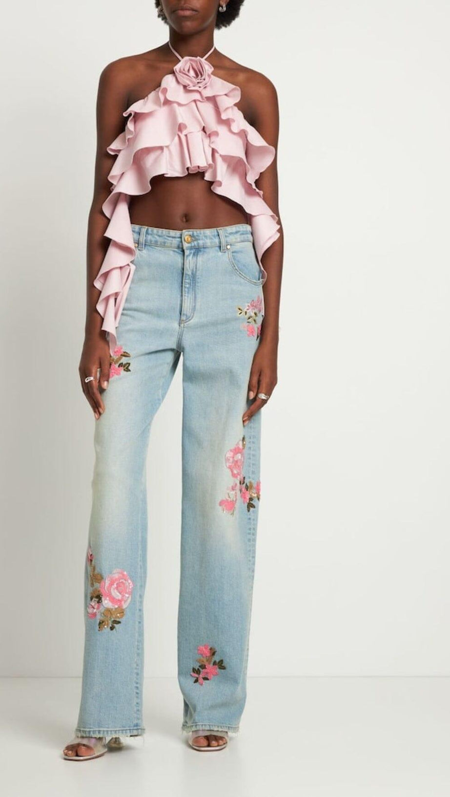 RUFFLE-DETAIL HALTER CROP TOP IN PINK