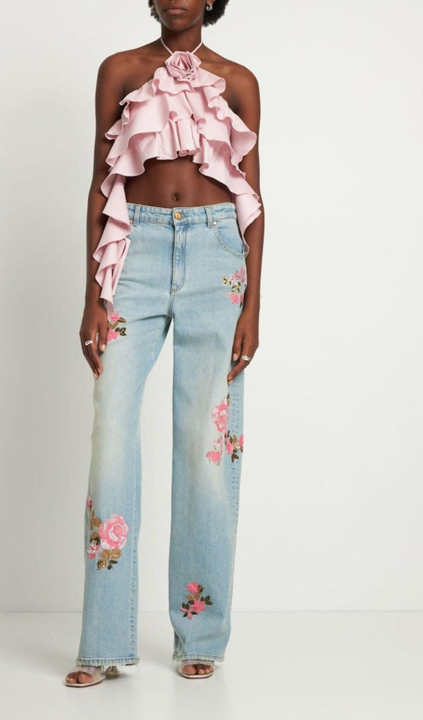 RUFFLE-DETAIL HALTER CROP TOP IN PINK