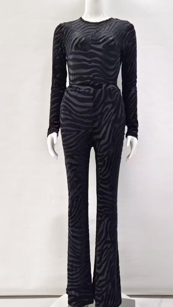 Zebra Print Sheer Carved Velvet Jumpsuit Set