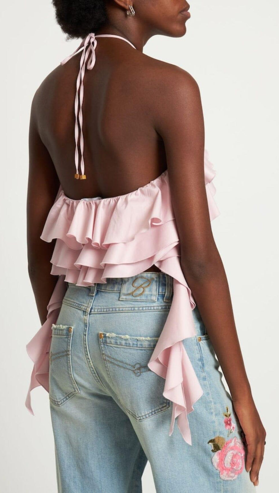 RUFFLE-DETAIL HALTER CROP TOP IN PINK