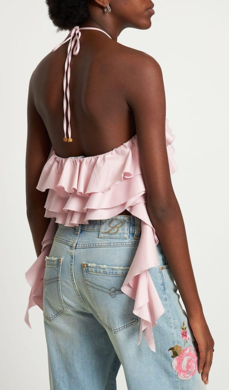 RUFFLE-DETAIL HALTER CROP TOP IN PINK