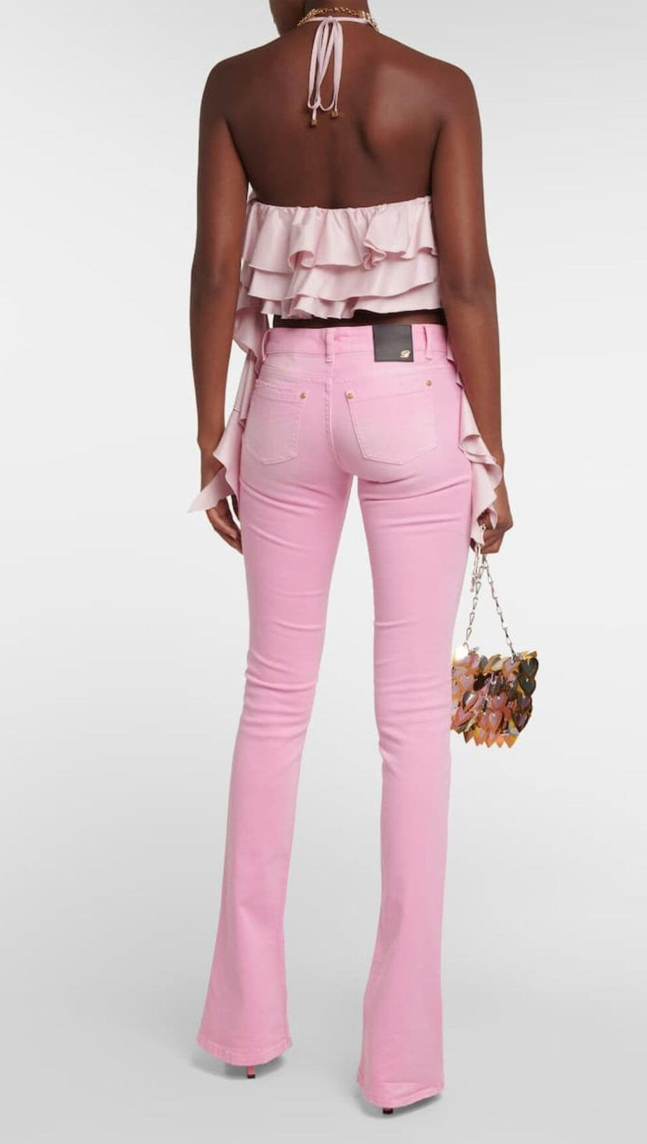 RUFFLE-DETAIL HALTER CROP TOP IN PINK