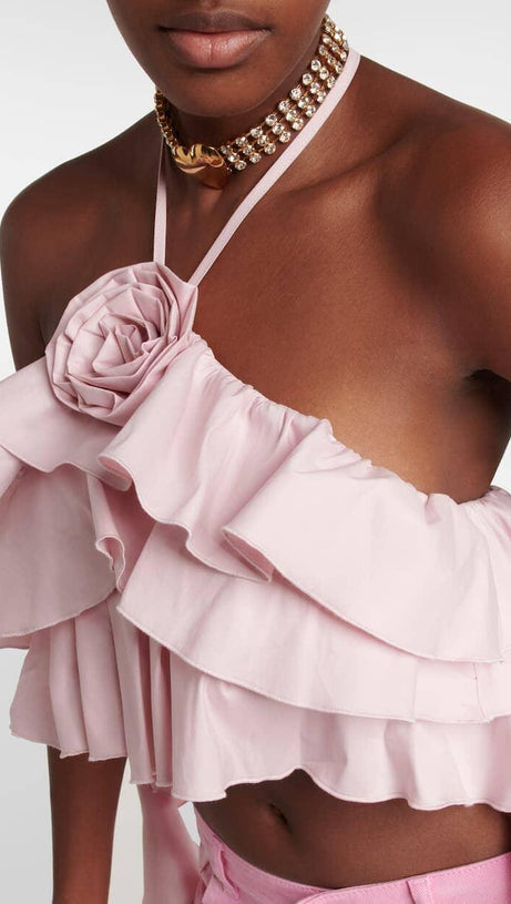 RUFFLE-DETAIL HALTER CROP TOP IN PINK
