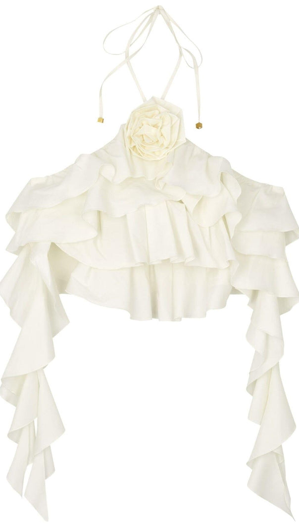 AIIZIE RUFFLE-DETAIL HALTER CROP TOP IN WHITE - product image