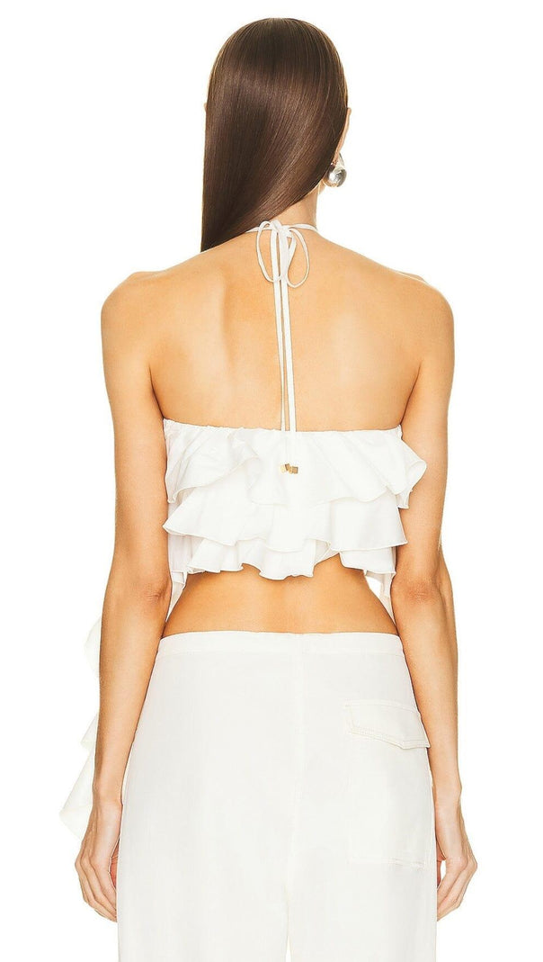 AIIZIE RUFFLE-DETAIL HALTER CROP TOP IN WHITE - product image