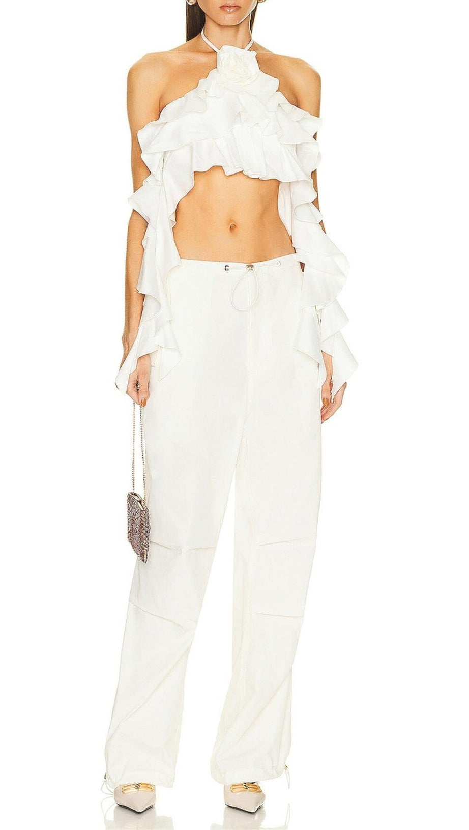 RUFFLE-DETAIL HALTER CROP TOP IN WHITE