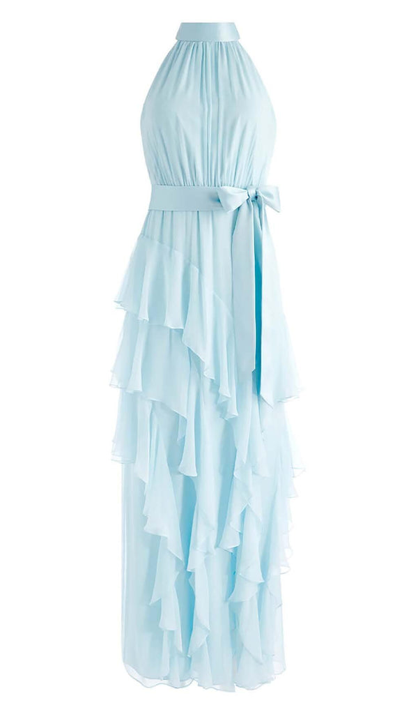 RUFFLED MESH MAXI DRESS IN CLEAR SKY