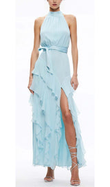 RUFFLED MESH MAXI DRESS IN CLEAR SKY