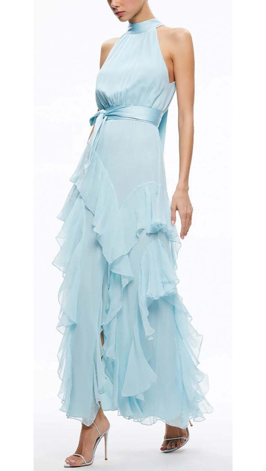 RUFFLED MESH MAXI DRESS IN CLEAR SKY