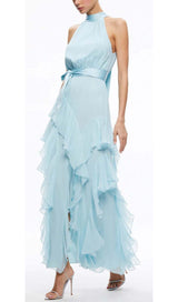 RUFFLED MESH MAXI DRESS IN CLEAR SKY