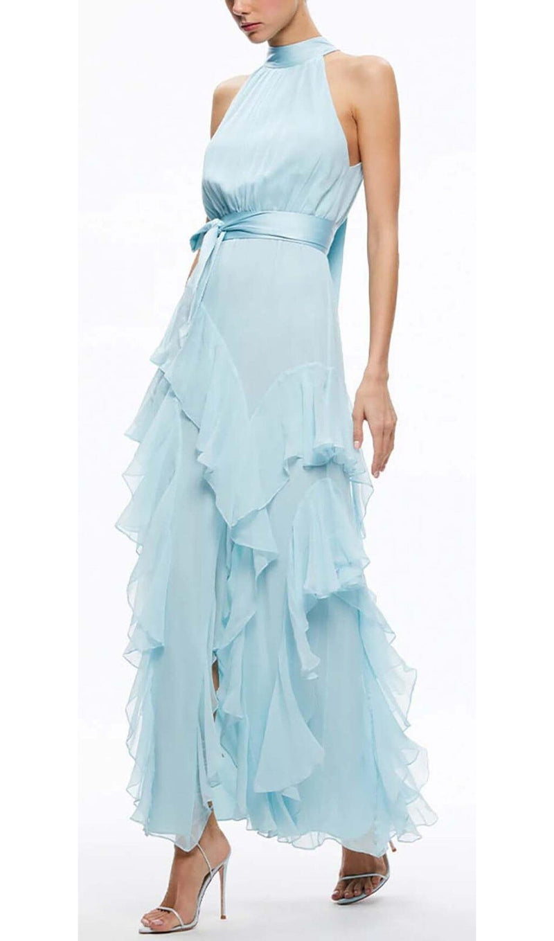 RUFFLED MESH MAXI DRESS IN CLEAR SKY