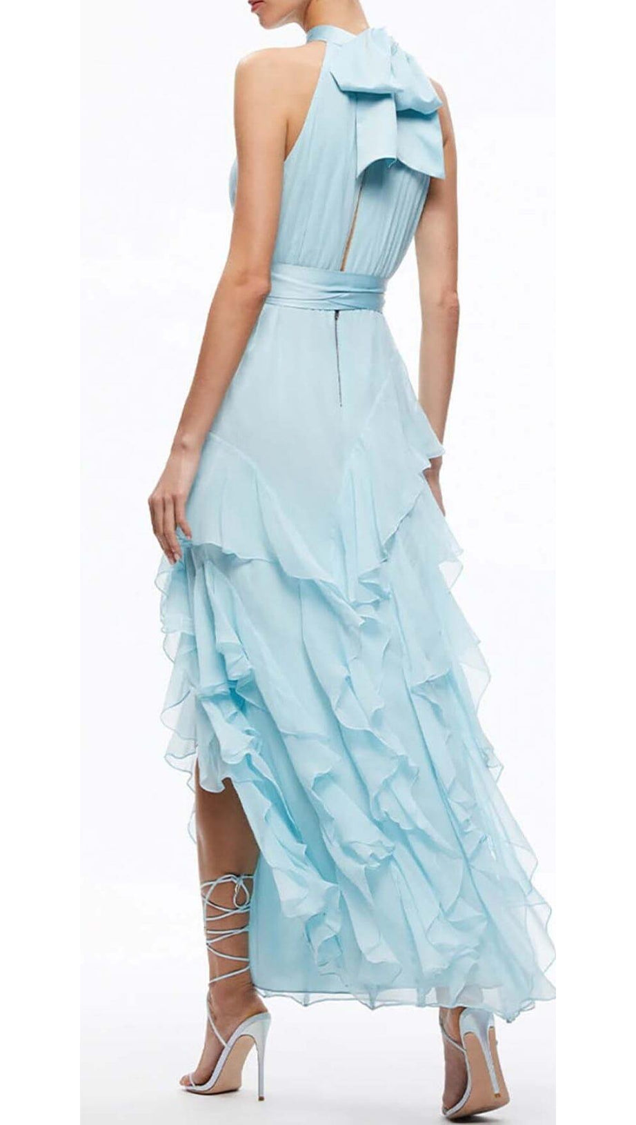 RUFFLED MESH MAXI DRESS IN CLEAR SKY