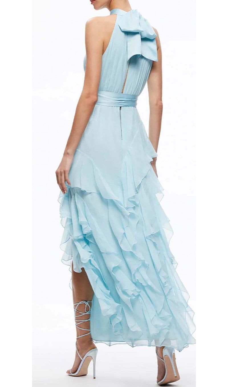 RUFFLED MESH MAXI DRESS IN CLEAR SKY