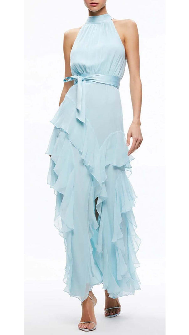 AIIZIE RUFFLED MESH MAXI DRESS IN CLEAR SKY - product image