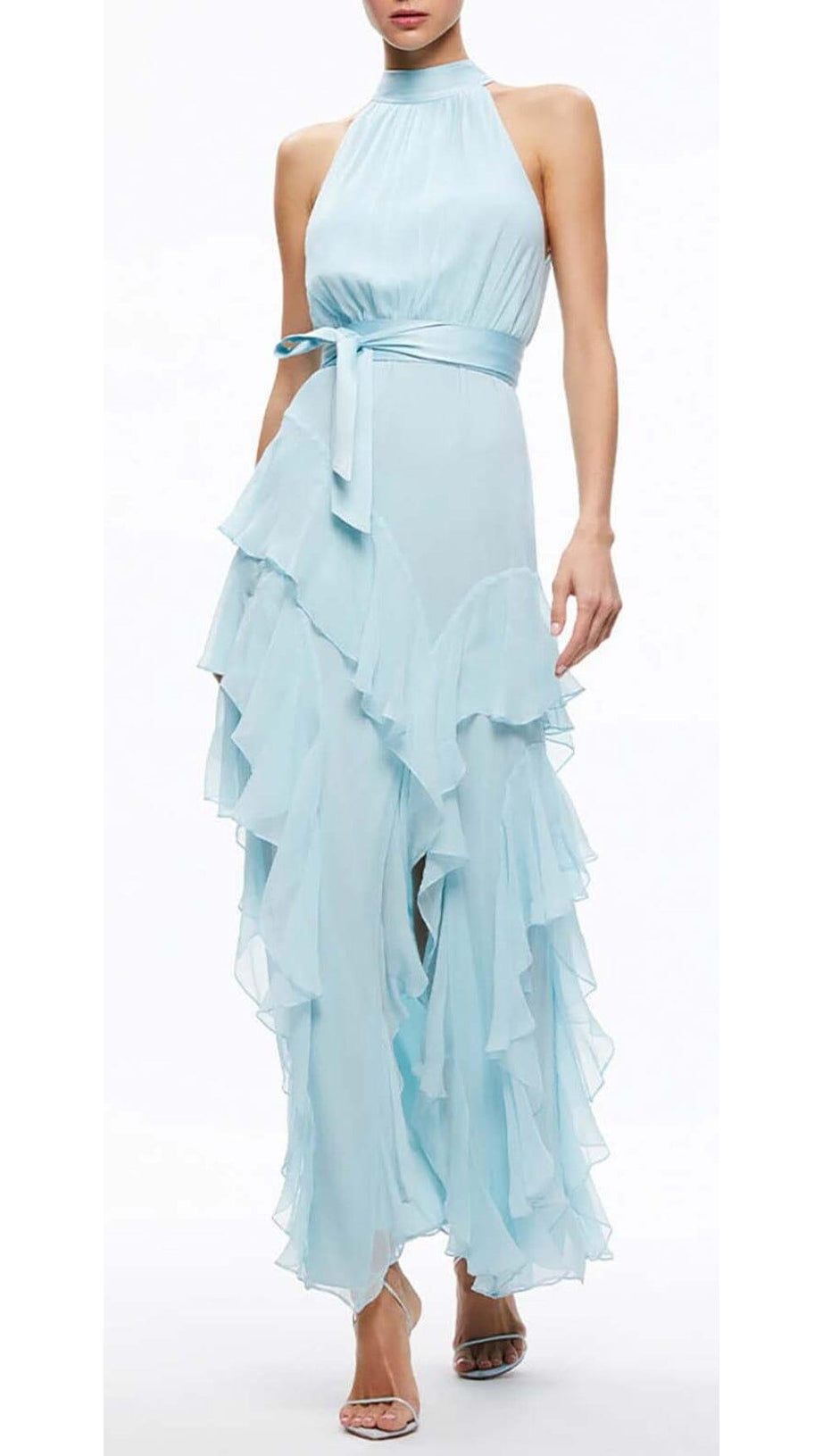 RUFFLED MESH MAXI DRESS IN CLEAR SKY