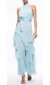 RUFFLED MESH MAXI DRESS IN CLEAR SKY