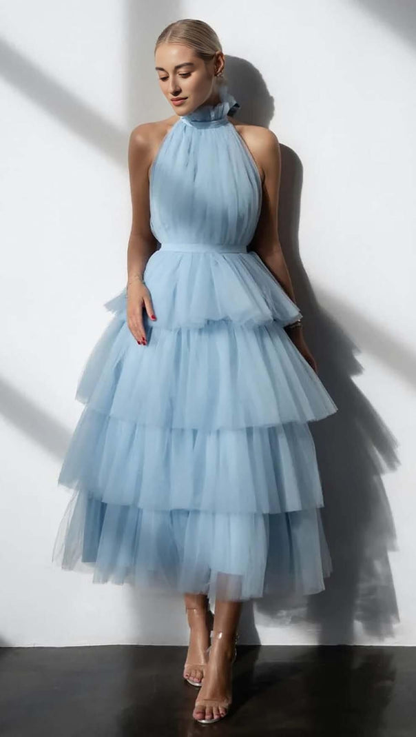 AIIZIE RUFFLED MESH MAXI DRESS IN CLEAR SKY - product image