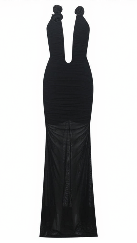 AHINOAM ABITO LUNGO SENZA SPALLINE CON FASCE A FIORI IN NERO