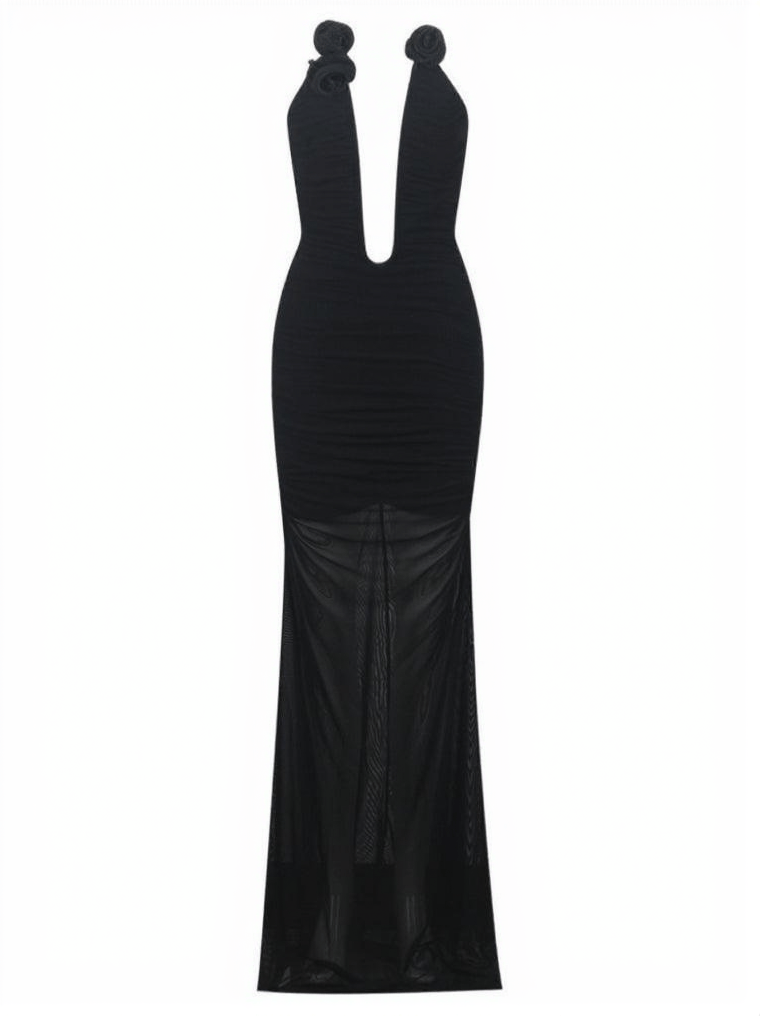 AIIZIE AHINOAM STRAPLESS FLOWER BANDAGE MAXI DRESS IN BLACK - product image