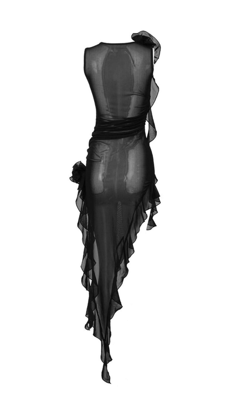 PERSPECTIVE RUFFLE MIDI DRESS IN BLACK