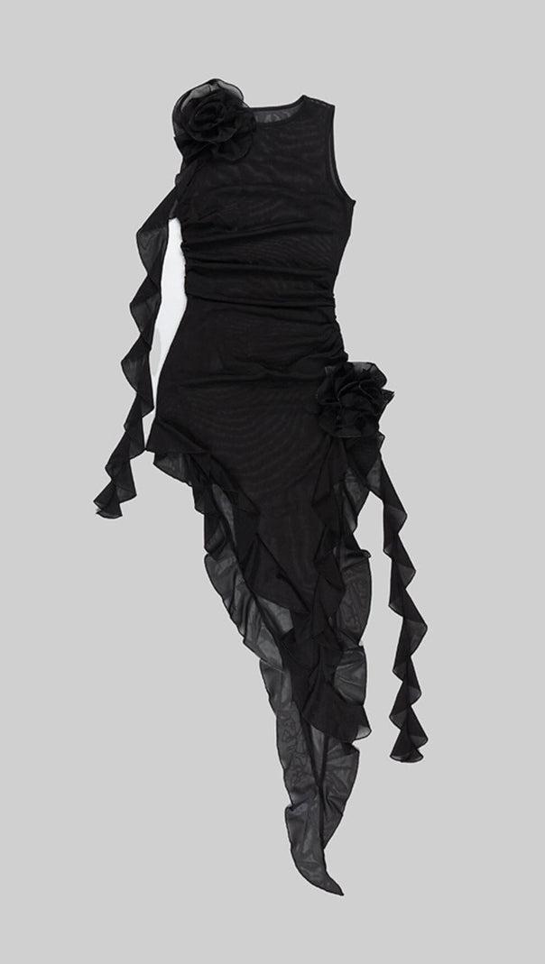 AIIZIE PERSPECTIVE RUFFLE MIDI DRESS IN BLACK - product image