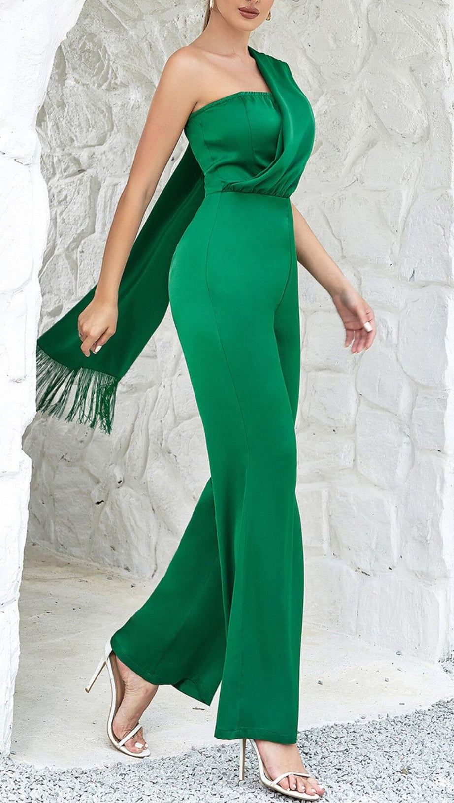 SATIN STRAP JUMPSUIT IN GREEN