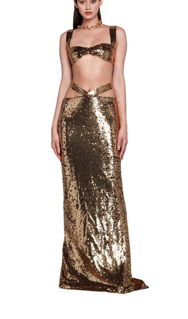 SEQUIN CLEOPATRA TWO PIECE SUIT IN METALLIC