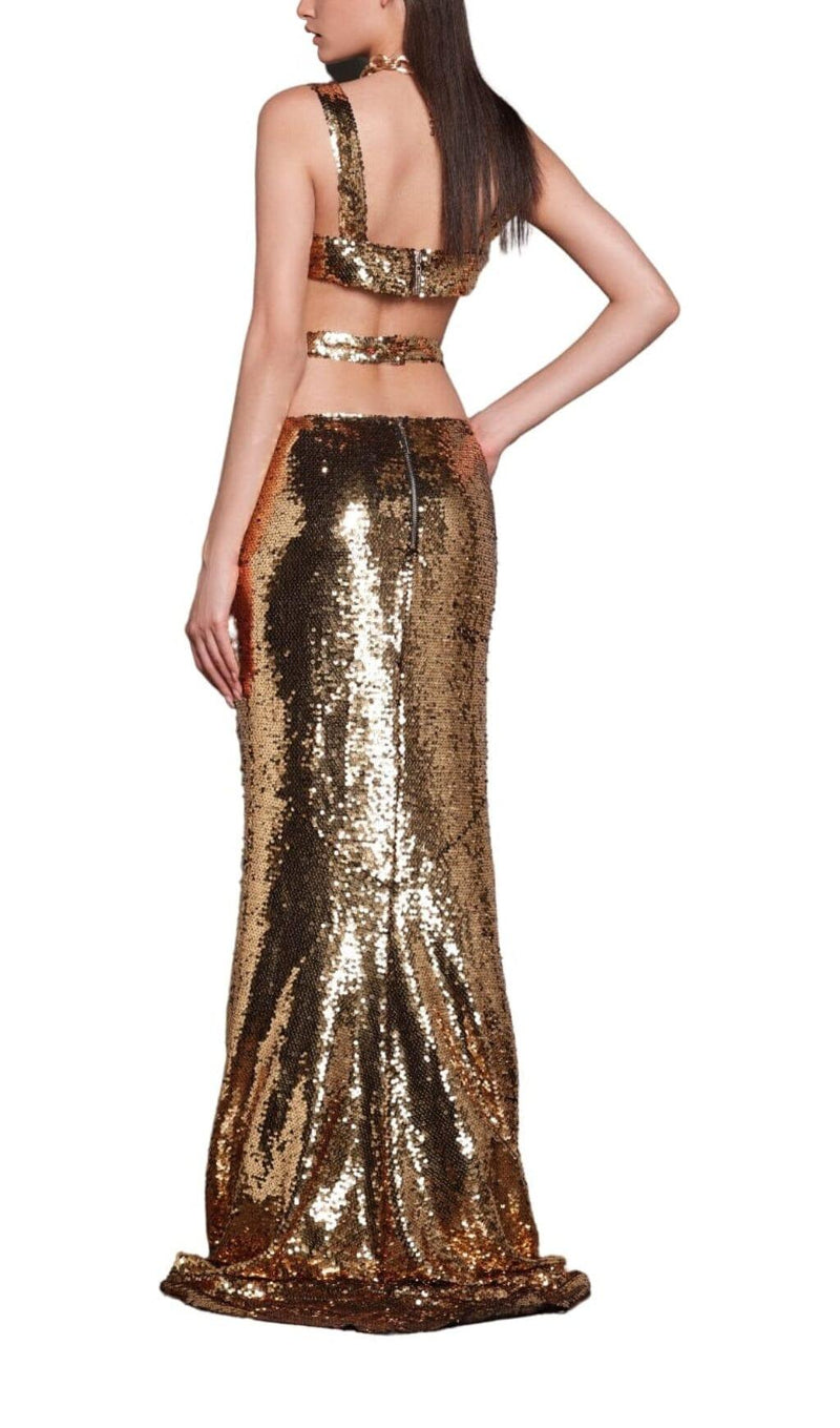 SEQUIN CLEOPATRA TWO PIECE SUIT IN METALLIC