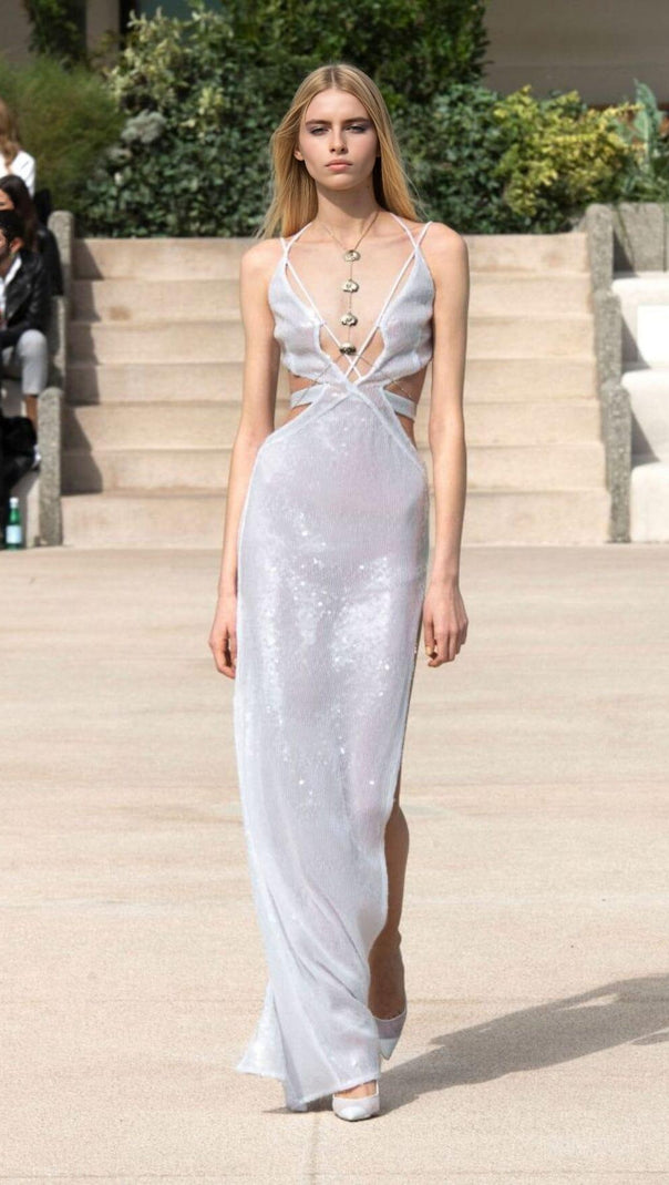 AIIZIE SEQUIN DEEP V CUTOUT MAXI DRESS IN WHITE - product image