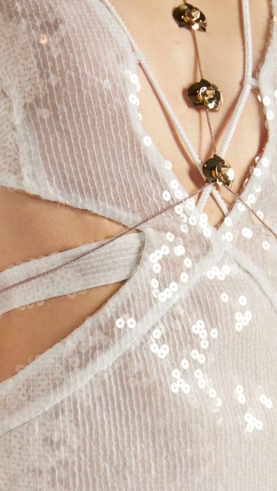 SEQUIN DEEP V CUTOUT MAXI DRESS IN WHITE