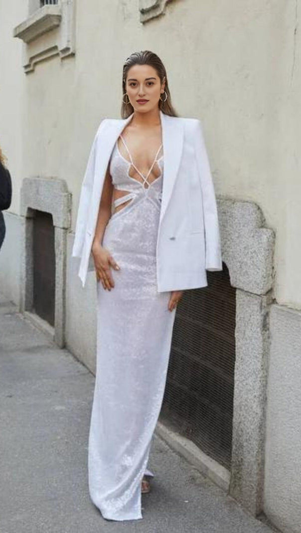 AIIZIE SEQUIN DEEP V CUTOUT MAXI DRESS IN WHITE - product image