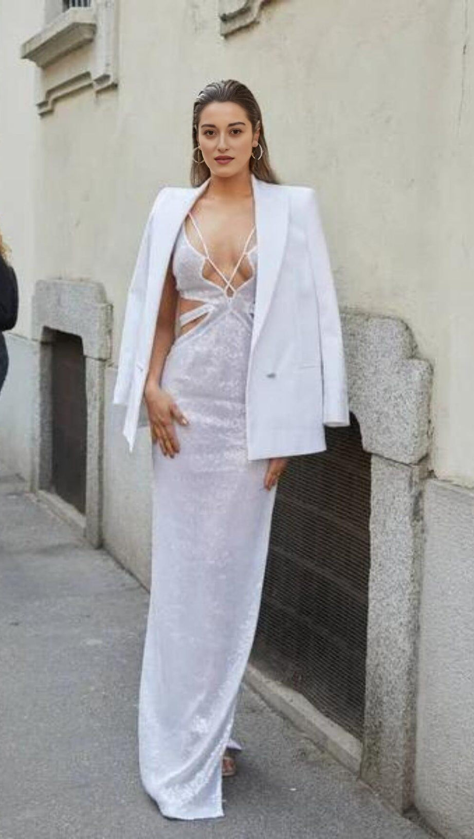 SEQUIN DEEP V CUTOUT MAXI DRESS IN WHITE