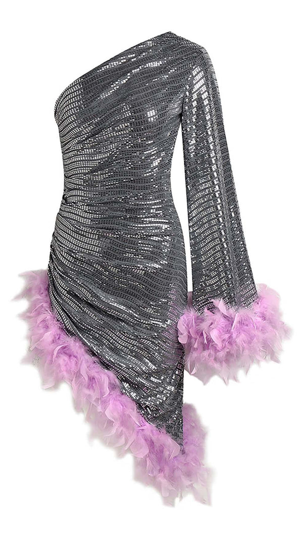 AIIZIE SEQUIN FEATHER HIGH-LOW DRESS IN SLIVER - product image