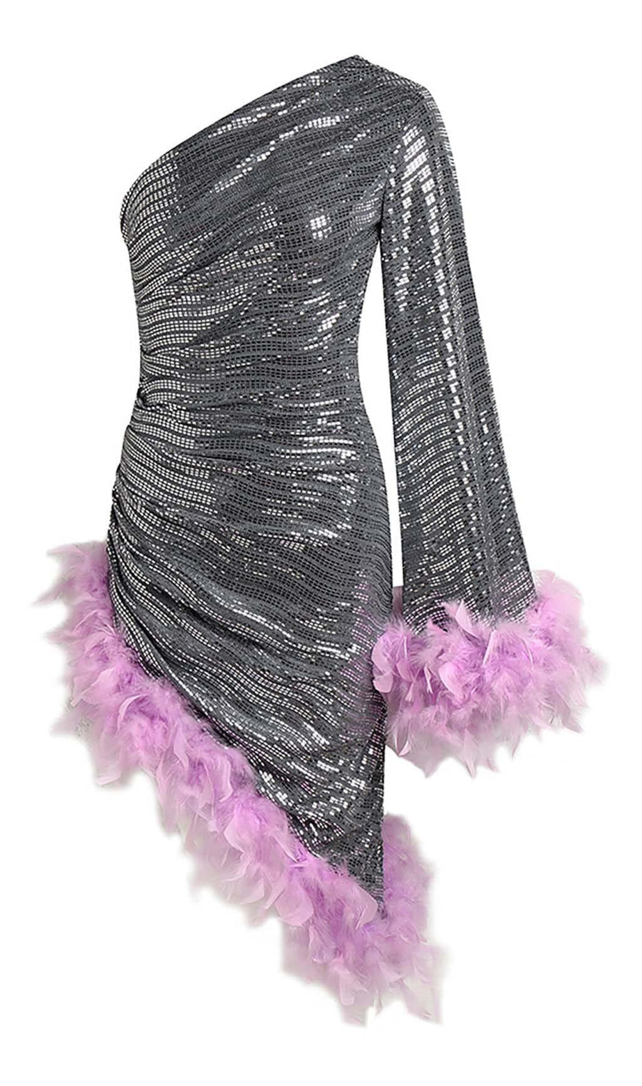 SEQUIN FEATHER HIGH-LOW DRESS IN SLIVER