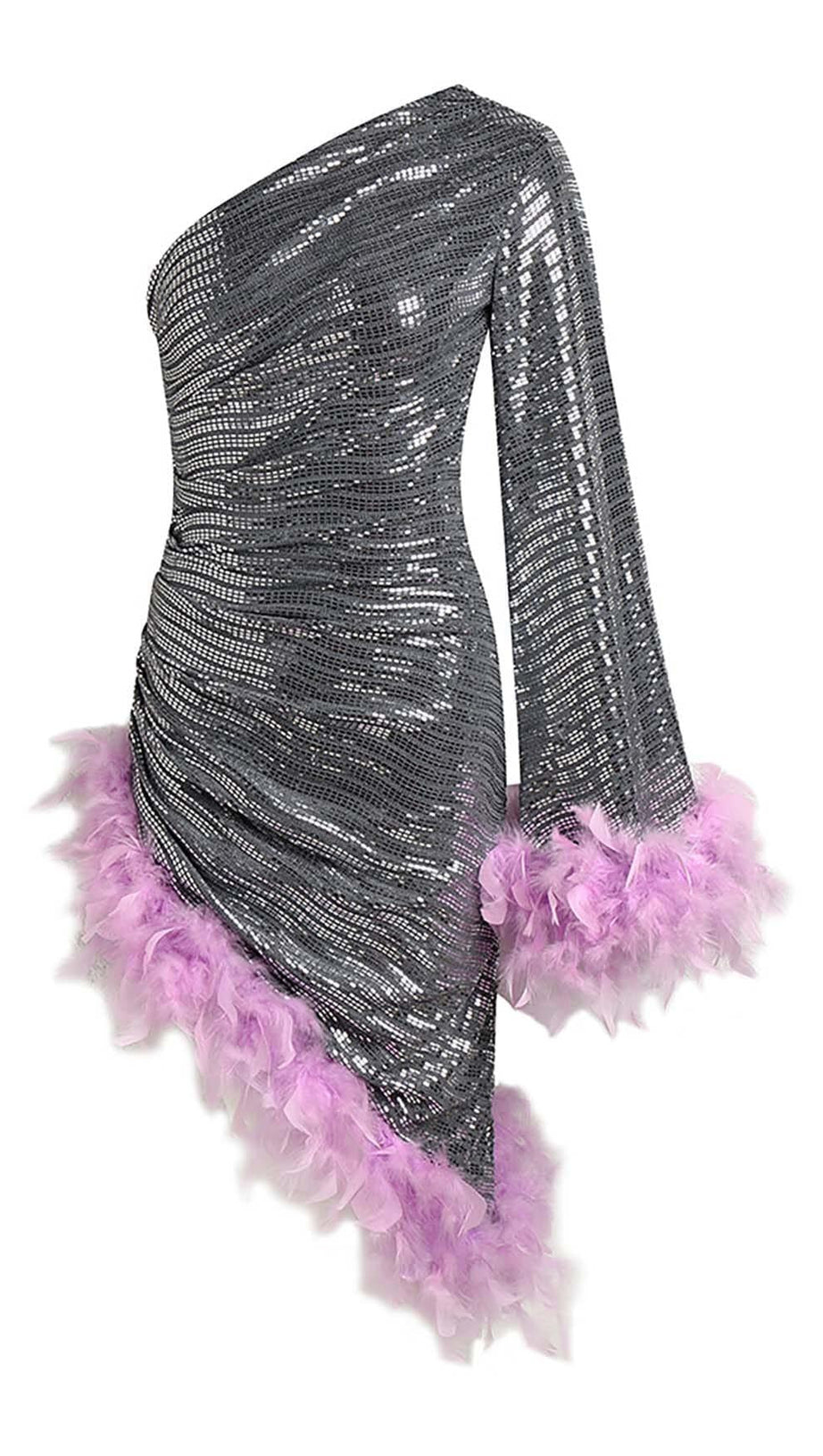 SEQUIN FEATHER HIGH-LOW DRESS IN SLIVER
