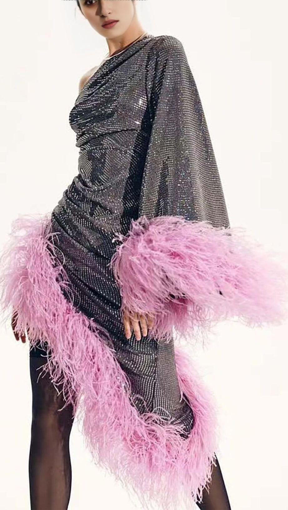 SEQUIN FEATHER HIGH-LOW DRESS IN SLIVER