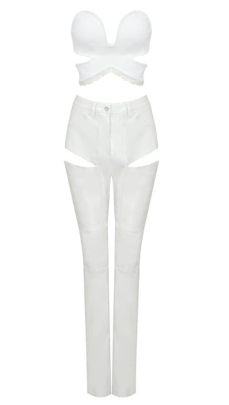 CUT OUT PU TWO-PIECE SUIT IN WHITE