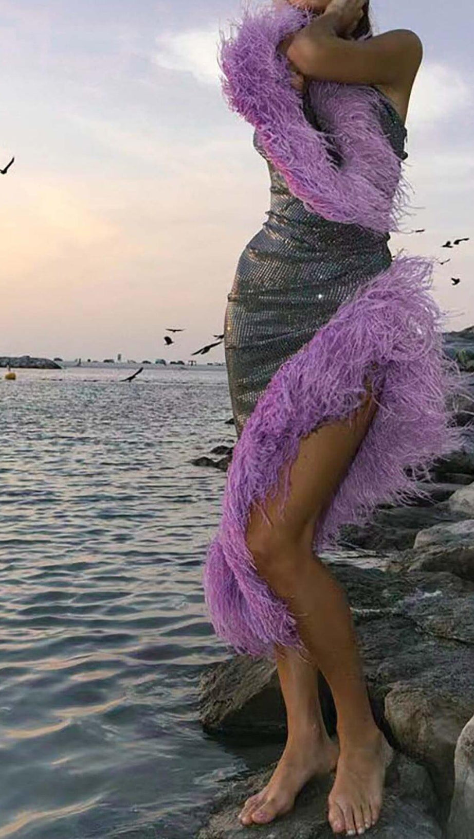 SEQUIN FEATHER HIGH-LOW DRESS IN SLIVER